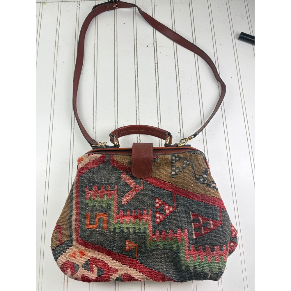 Vintage Kilim Tapestry Leather Trim Doctor Brown Multi Geometric Crossbody Bag